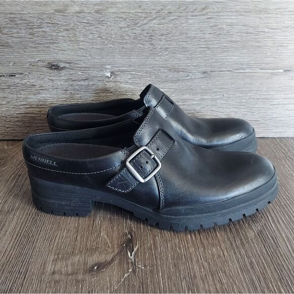 Women’s MERRELL City Leaf Black Leather Buckle Slides Clogs Mules Size 9 - Picture 1 of 9